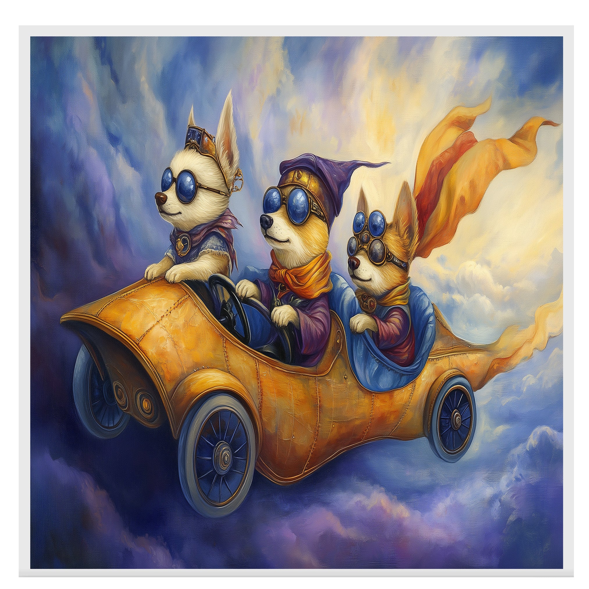 Whimsical Corgi Dogs Racing in a Golden Car Through the Sky on Ready to Hang 1.5" Thick Canvas Wrap, Floating Framed Canvas, Flat Rolled Canvas