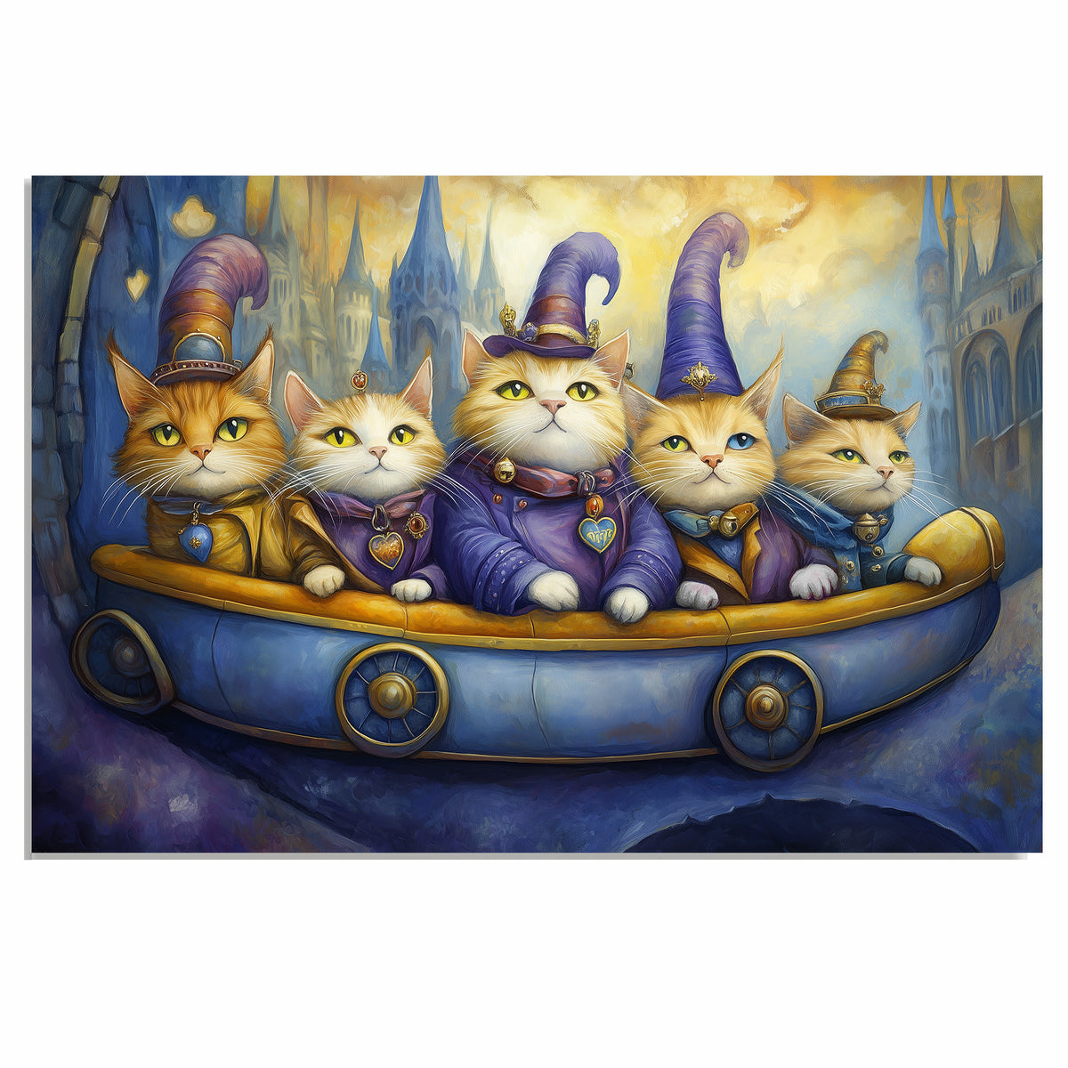 Whimsical Wizard Cats Riding Fantasy Boat In Magical Kingdom Artwork For Cat Lovers And Storybook Inspired Spaces on Ready to Hang 1.5" Thick Canvas Wrap, Floating Framed Canvas, Flat Rolled Canvas
