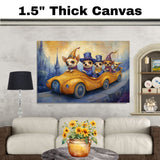 Whimsical Chihuahua Dogs Riding In Fantasy Car Through Magical Kingdom Artwork For Dog Lovers And Storybook Home Decor on Ready to Hang 1.5" Thick Canvas Wrap, Floating Framed Canvas, Flat Rolled Canvas