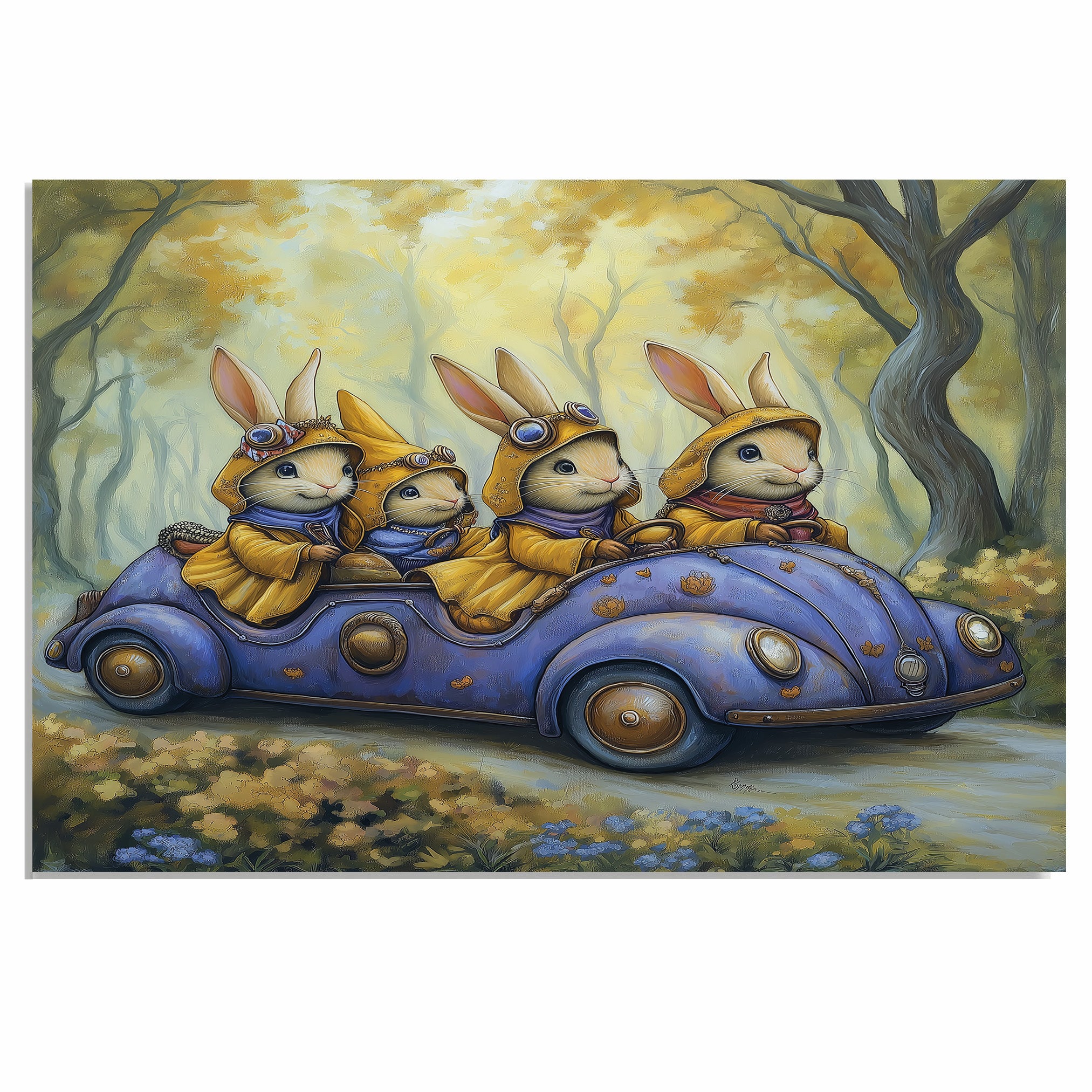 Whimsical Rabbits In Vintage Car Canvas Wall Art For Storybook Decor ...