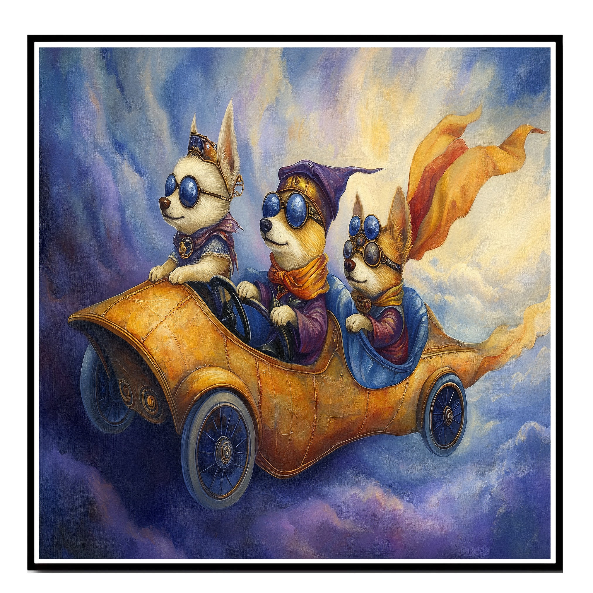 Whimsical Corgi Dogs Racing in a Golden Car Through the Sky on Ready to Hang 1.5" Thick Canvas Wrap, Floating Framed Canvas, Flat Rolled Canvas