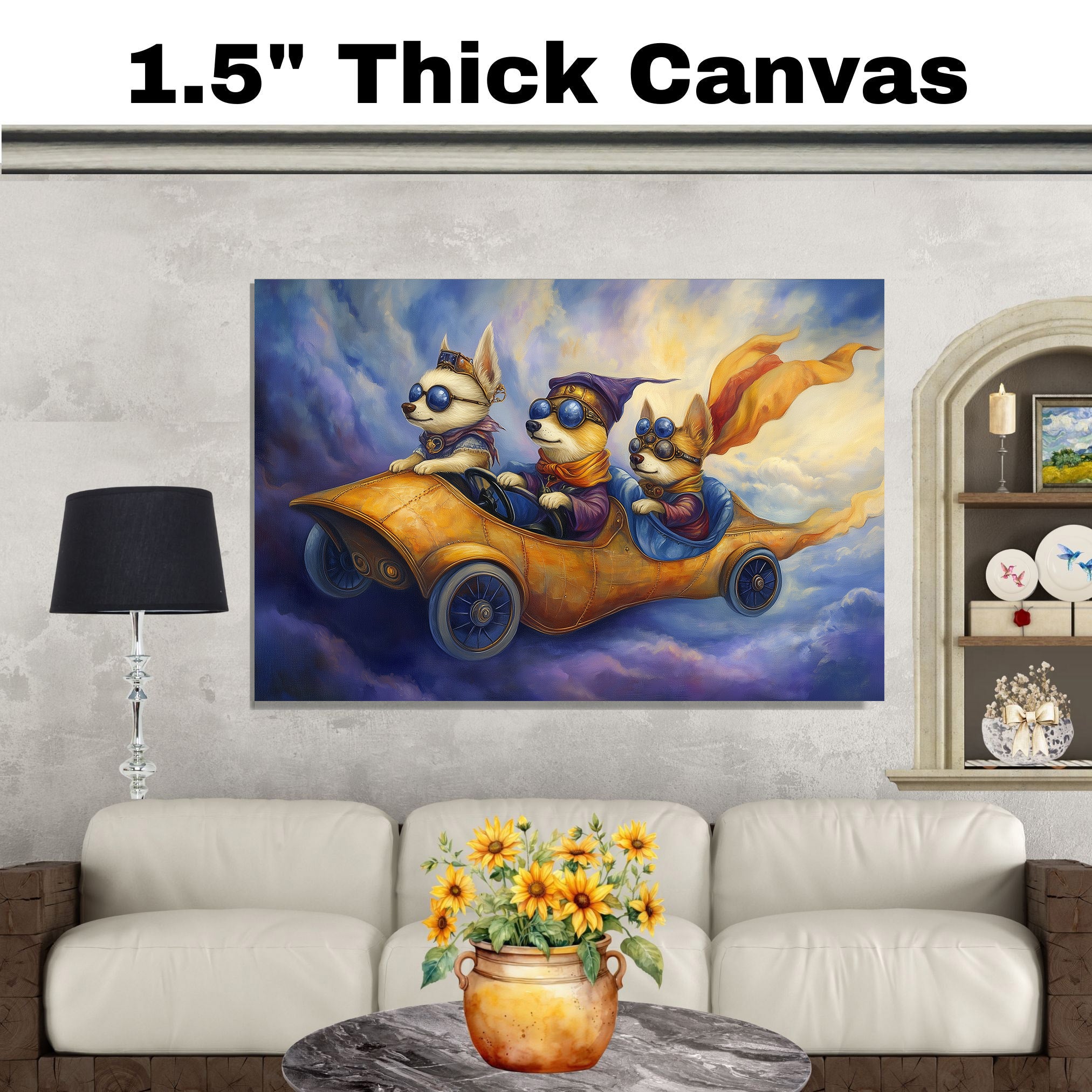 Whimsical Corgi Dogs Racing in a Golden Car Through the Sky on Ready to Hang 1.5" Thick Canvas Wrap, Floating Framed Canvas, Flat Rolled Canvas