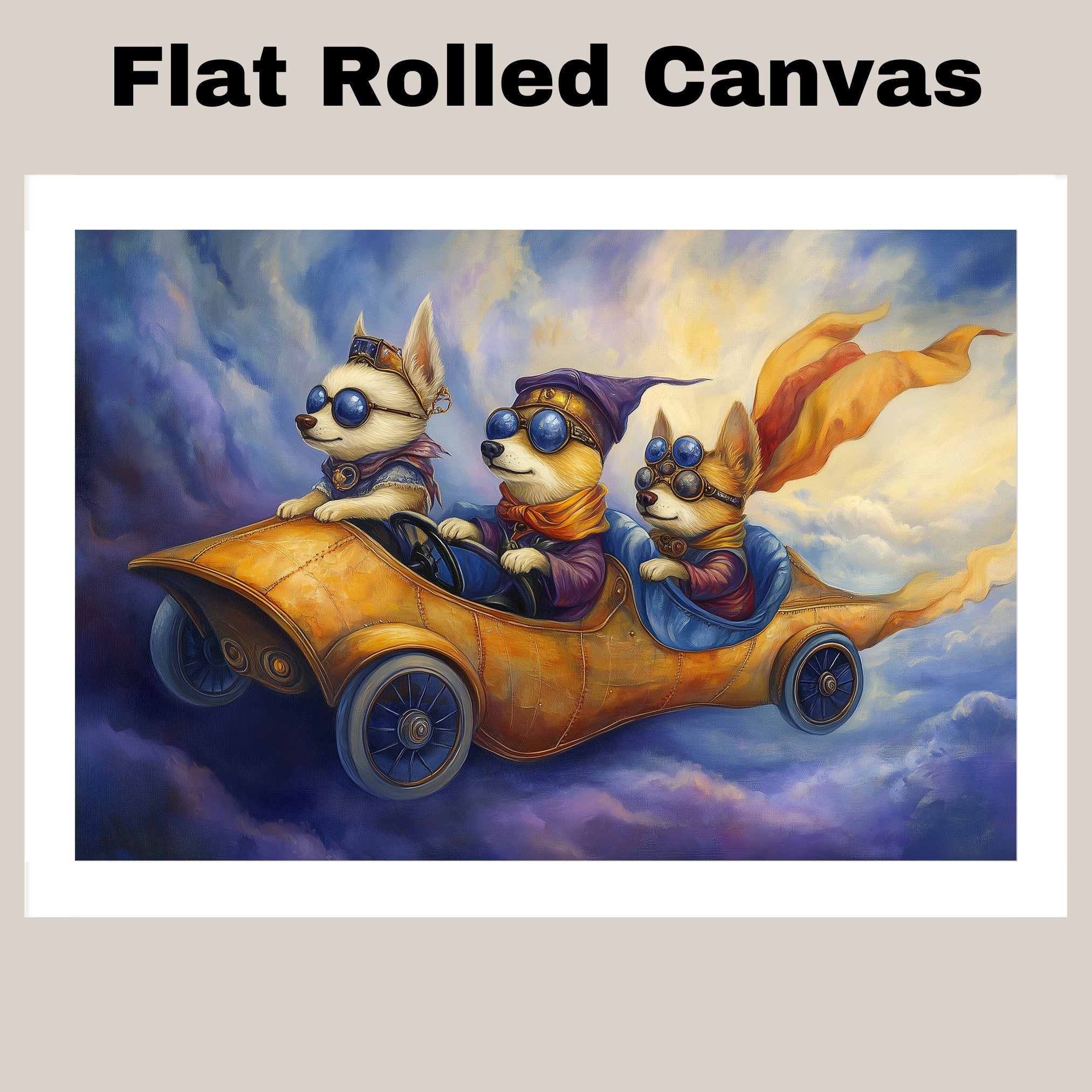 Whimsical Corgi Dogs Racing in a Golden Car Through the Sky on Ready to Hang 1.5" Thick Canvas Wrap, Floating Framed Canvas, Flat Rolled Canvas