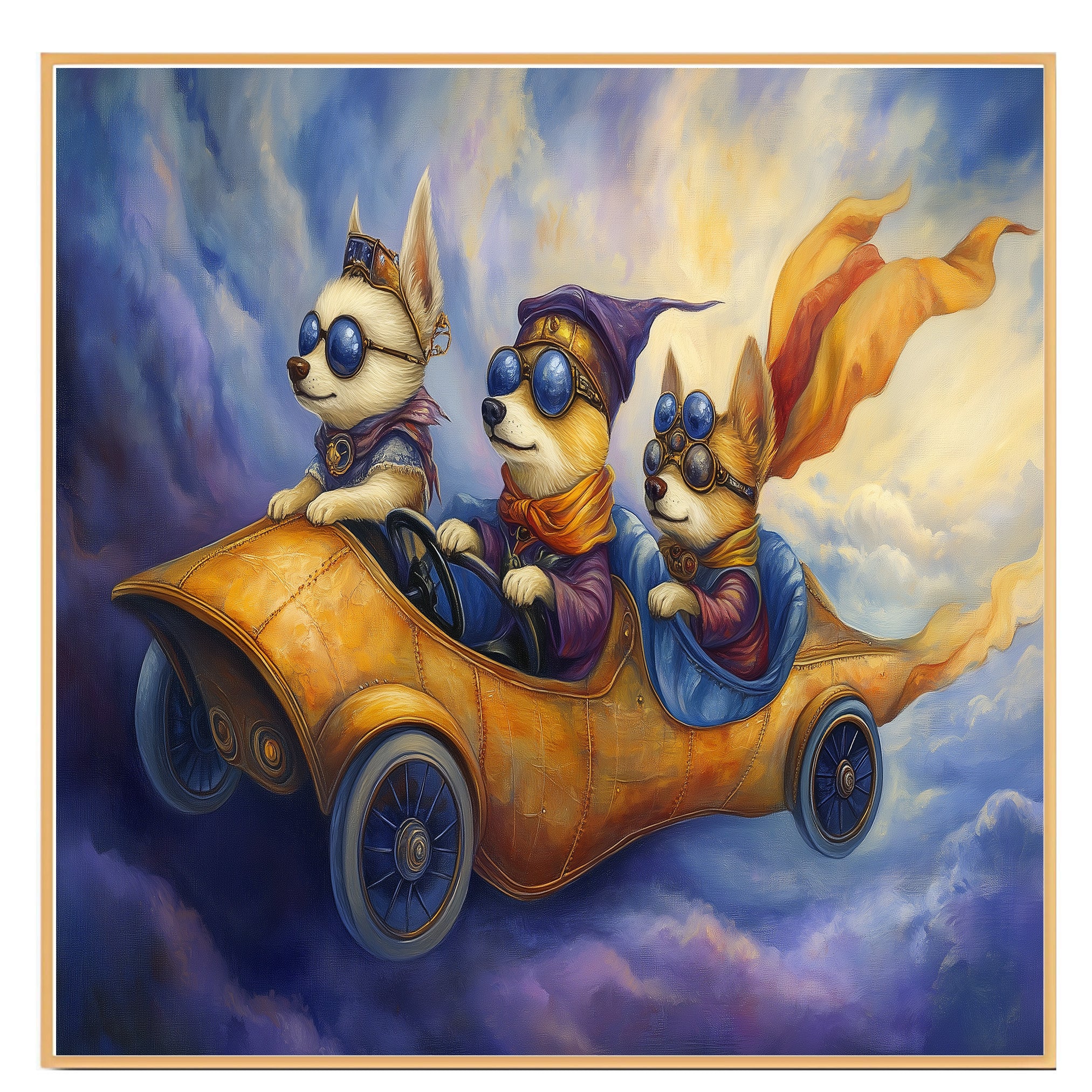 Whimsical Corgi Dogs Racing in a Golden Car Through the Sky on Ready to Hang 1.5" Thick Canvas Wrap, Floating Framed Canvas, Flat Rolled Canvas