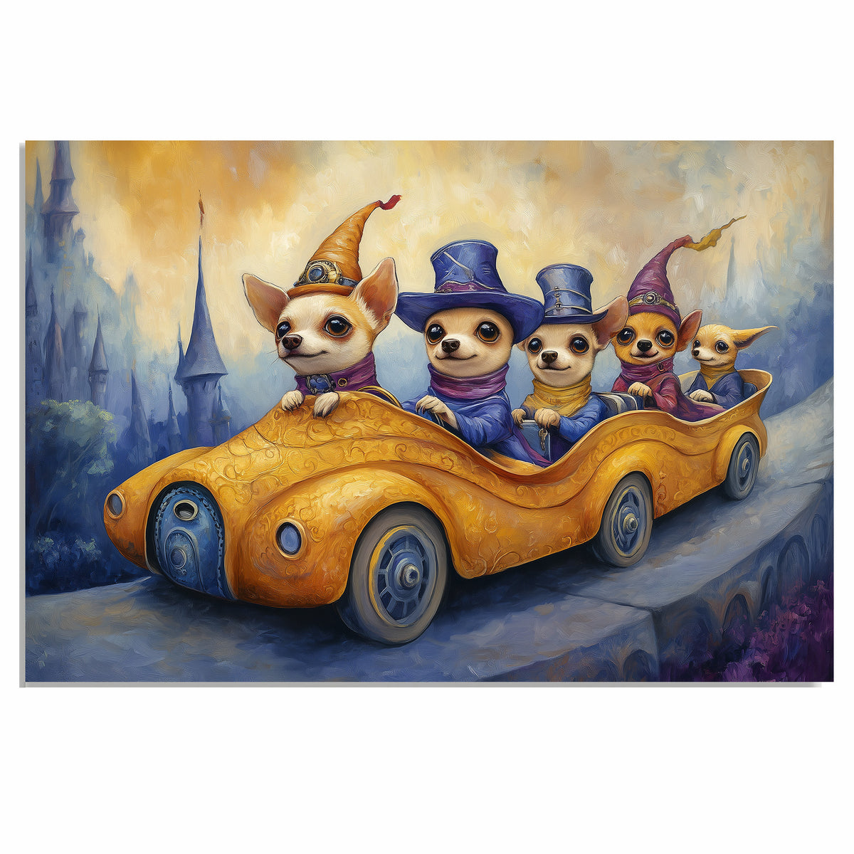 Whimsical Chihuahua Dogs Riding In Fantasy Car Through Magical Kingdom Artwork For Dog Lovers And Storybook Home Decor on Ready to Hang 1.5" Thick Canvas Wrap, Floating Framed Canvas, Flat Rolled Canvas