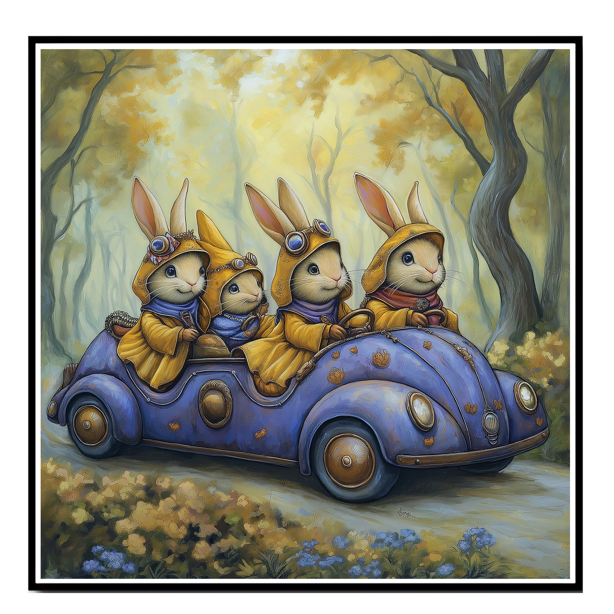 Whimsical Rabbits In Vintage Car Canvas Wall Art For Storybook Decor ...