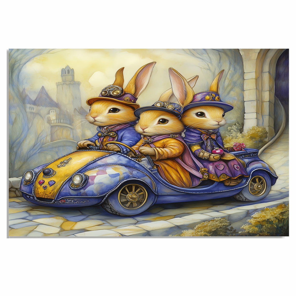 Whimsical Dogs Soaring Through The Sky In Flying Vintage Car Fantasy Artwork For Animal Lovers And Dreamy Spaces on Ready to Hang 1.5" Thick Canvas Wrap, Floating Framed Canvas, Flat Rolled Canvas