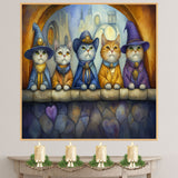 Whimsical Cats In Wizard Outfits Gathered In Fantasy Castle Scene Charming Artwork For Cat Lovers And Magical Spaces on Ready to Hang 1.5" Thick Canvas Wrap, Floating Framed Canvas, Flat Rolled Canvas