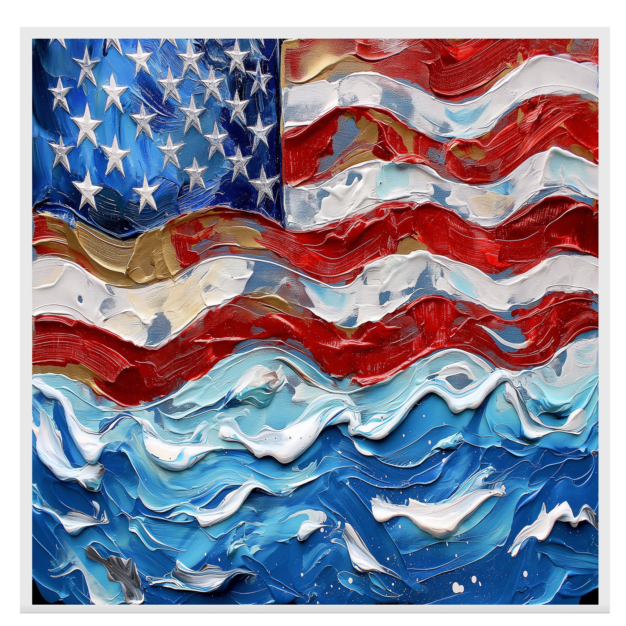 Wavy Painted American Flag Artwork with Bold Brushstrokes and Patriotic Red White and Blue Texture on Ready to Hang 1.5" Thick Canvas Wrap, Floating Framed Canvas, Flat Rolled Canvas