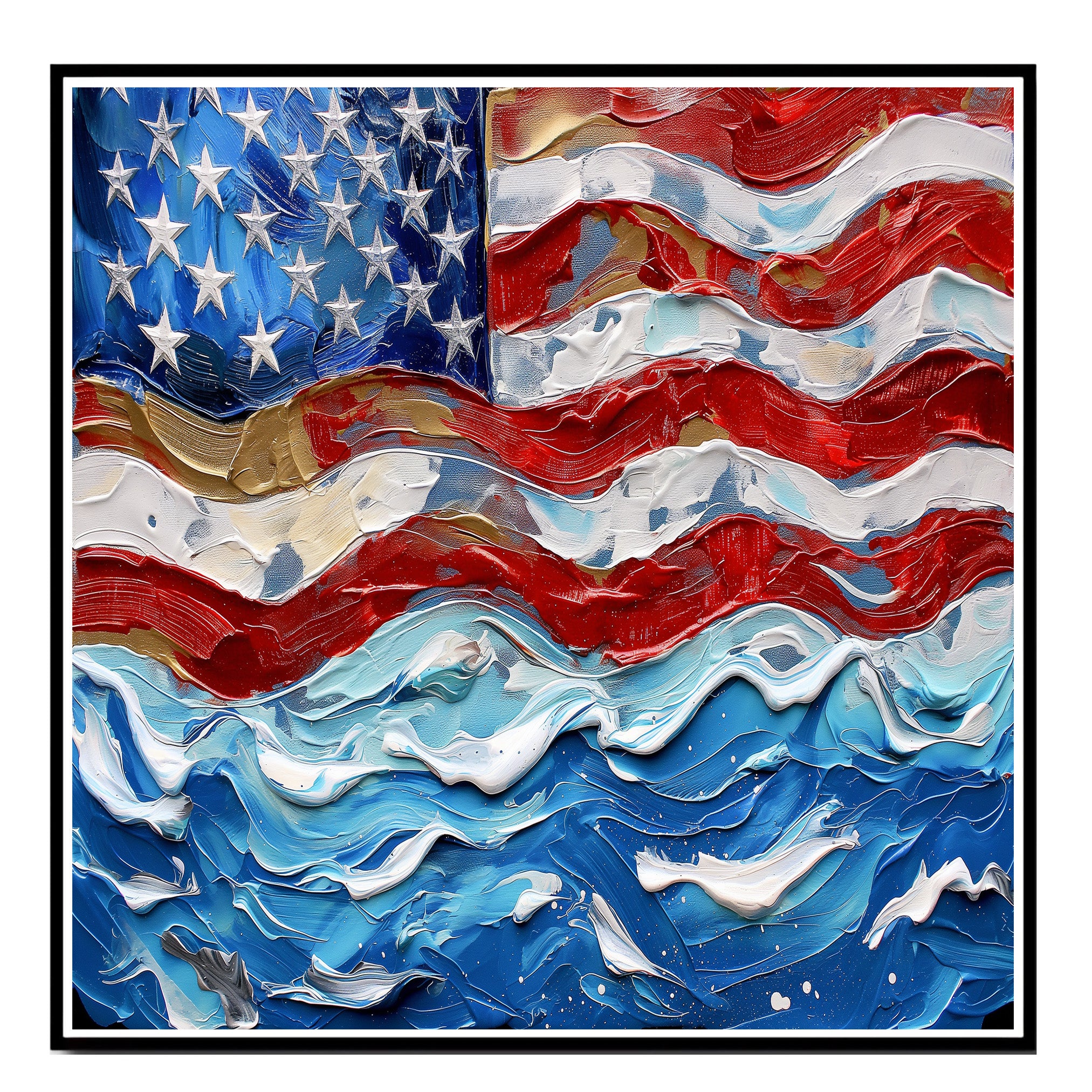 Wavy Painted American Flag Artwork with Bold Brushstrokes and Patriotic Red White and Blue Texture on Ready to Hang 1.5" Thick Canvas Wrap, Floating Framed Canvas, Flat Rolled Canvas