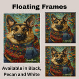 German Shepherd Dog in Winter Scarf with Christmas Tree Art Print on 1.5" Thick Canvas Wrap, Floating Framed Canvas, Flat Rolled Canvas