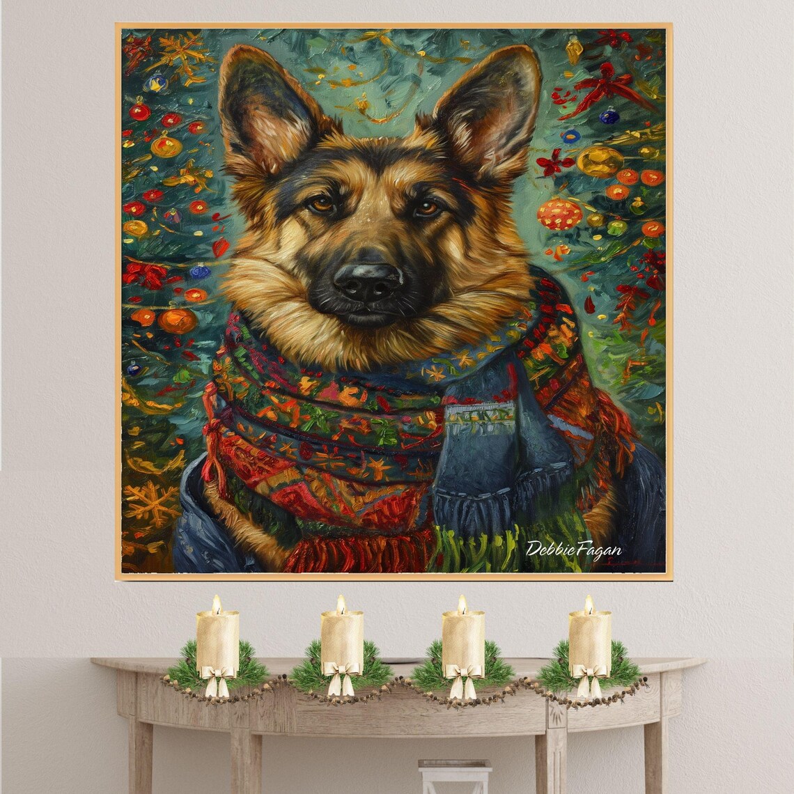 German Shepherd Dog in Winter Scarf with Christmas Tree Art Print on 1.5" Thick Canvas Wrap, Floating Framed Canvas, Flat Rolled Canvas