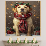 Labrador Christmas Dog Wall Art with Red Scarf and Holly Wreath for Winter Snow Festive Puppy Holiday Artwork on Flat Rolled, Framed or Wrapped Canvas