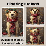 Labrador Christmas Dog Wall Art with Red Scarf and Holly Wreath for Winter Snow Festive Puppy Holiday Artwork on Flat Rolled, Framed or Wrapped Canvas