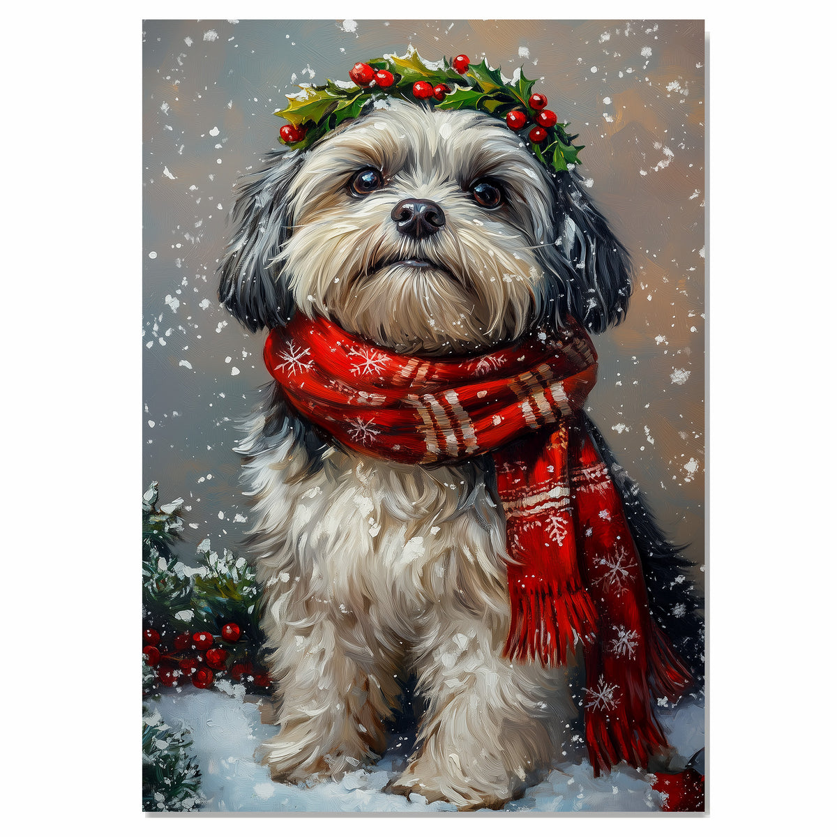 Lhasa Apso Festive Christmas Christmas Dog Wall Art with Red Scarf and Holly Wreath for Winter Snow Festive Puppy Holiday Artwork on Flat Rolled, Framed or Wrapped Canvas