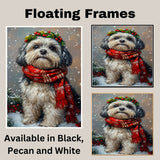 Lhasa Apso Festive Christmas Christmas Dog Wall Art with Red Scarf and Holly Wreath for Winter Snow Festive Puppy Holiday Artwork on Flat Rolled, Framed or Wrapped Canvas
