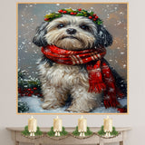 Lhasa Apso Festive Christmas Christmas Dog Wall Art with Red Scarf and Holly Wreath for Winter Snow Festive Puppy Holiday Artwork on Flat Rolled, Framed or Wrapped Canvas