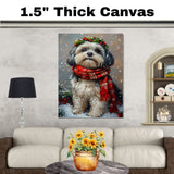 Lhasa Apso Festive Christmas Christmas Dog Wall Art with Red Scarf and Holly Wreath for Winter Snow Festive Puppy Holiday Artwork on Flat Rolled, Framed or Wrapped Canvas