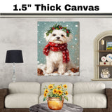 Maltese Christmas Dog Wall Art with Red Scarf and Holly Wreath for Winter Snow Festive Puppy Holiday Artwork on Flat Rolled, Framed or Wrapped Canvas