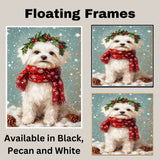 Maltese Christmas Dog Wall Art with Red Scarf and Holly Wreath for Winter Snow Festive Puppy Holiday Artwork on Flat Rolled, Framed or Wrapped Canvas