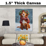 Nova Scotia Duck Tolling Retriever Christmas Dog Wall Art with Red Scarf and Holly Wreath for Winter Snow Festive Puppy Holiday Artwork on Flat Rolled, Framed or Wrapped Canvas