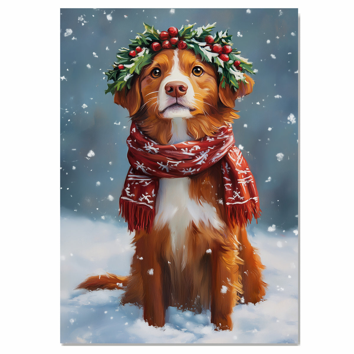 Nova Scotia Duck Tolling Retriever Christmas Dog Wall Art with Red Scarf and Holly Wreath for Winter Snow Festive Puppy Holiday Artwork on Flat Rolled, Framed or Wrapped Canvas