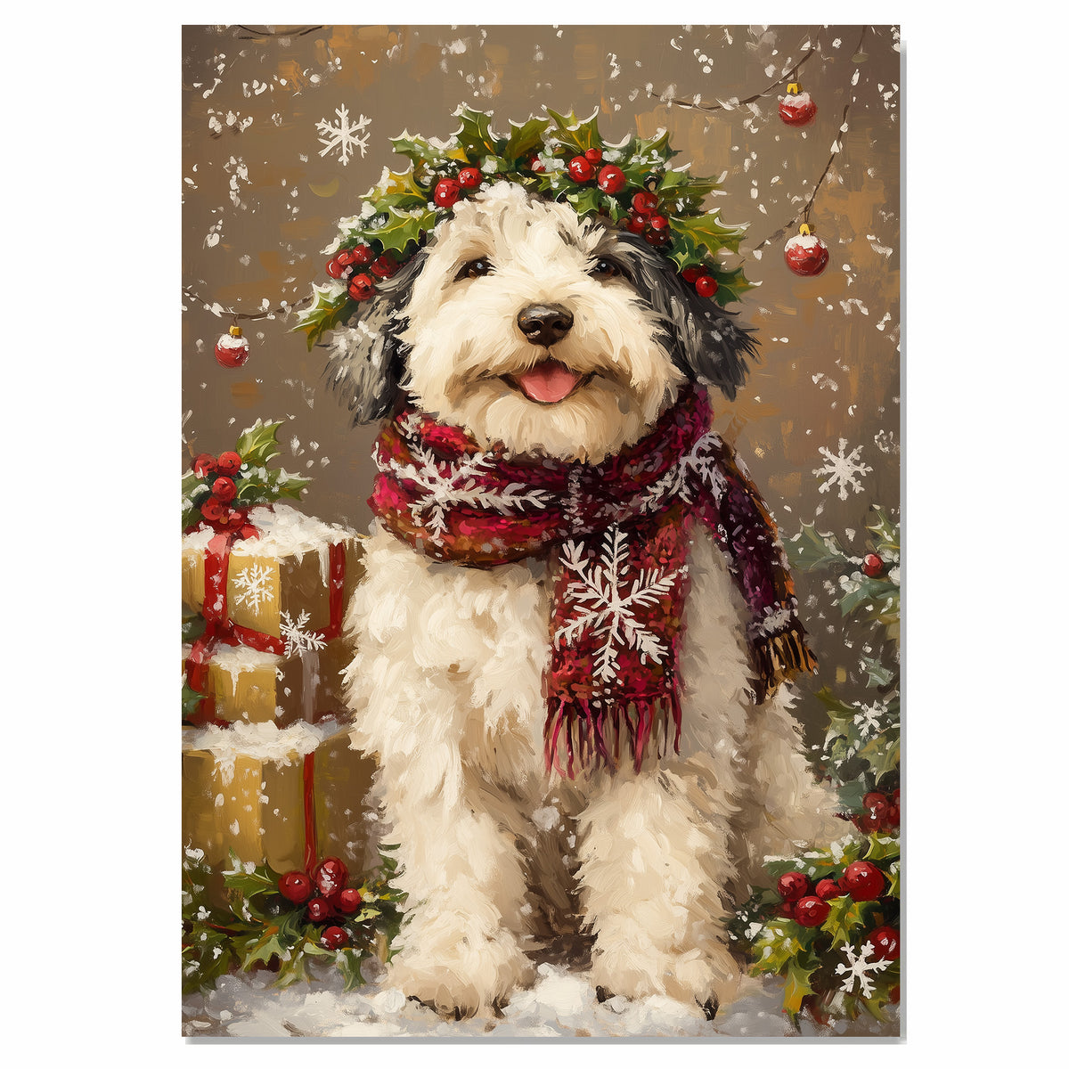 Old English Sheepdog Christmas Dog Wall Art with Red Scarf and Holly Wreath for Winter Snow Festive Puppy Holiday Artwork on Flat Rolled, Framed or Wrapped Canvas
