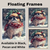 Pekingese Christmas Dog Wall Art with Red Scarf and Holly Wreath for Winter Snow Festive Puppy Holiday Artwork on Flat Rolled, Framed or Wrapped Canvas