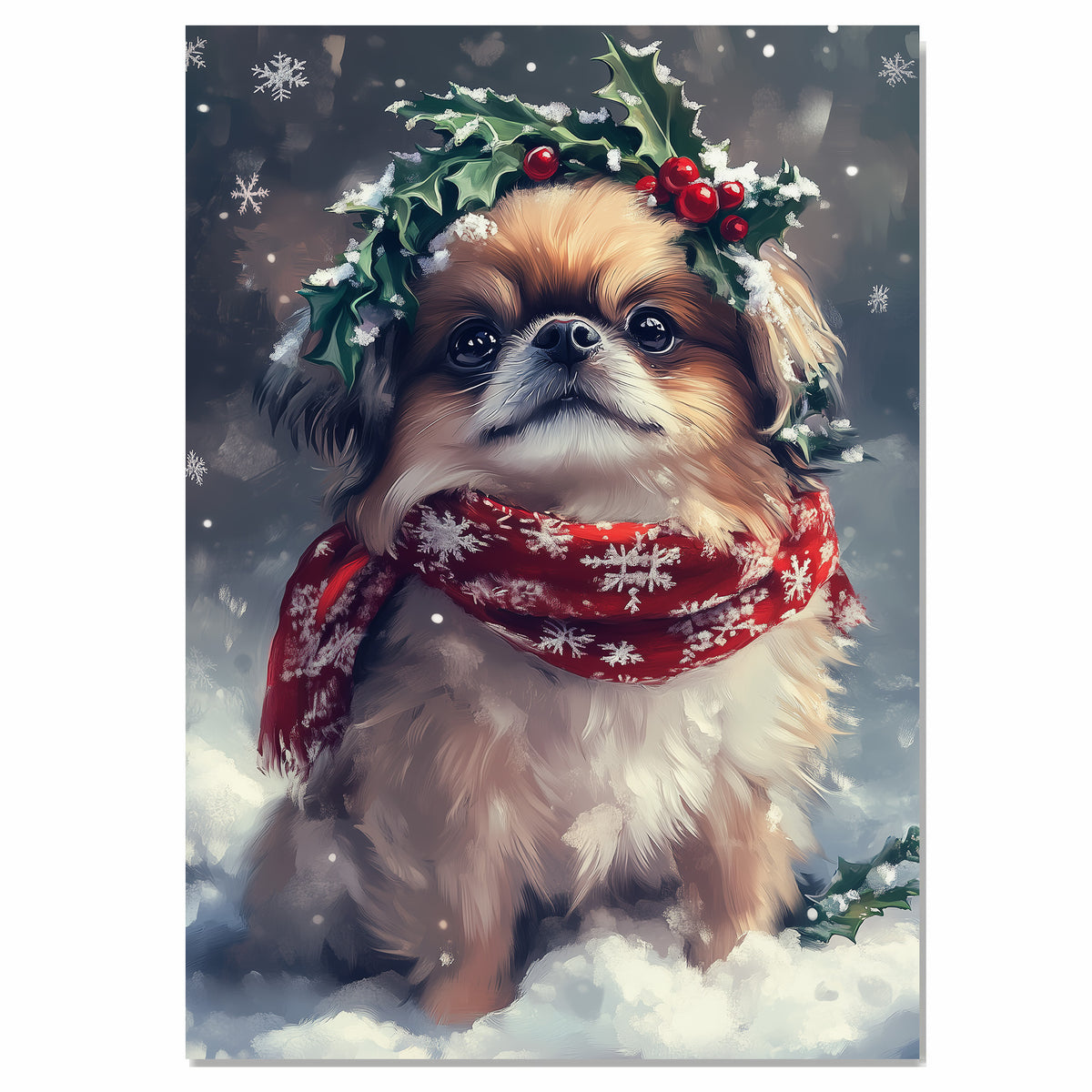 Pekingese Christmas Dog Wall Art with Red Scarf and Holly Wreath for Winter Snow Festive Puppy Holiday Artwork on Flat Rolled, Framed or Wrapped Canvas