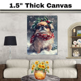 Pekingese Christmas Dog Wall Art with Red Scarf and Holly Wreath for Winter Snow Festive Puppy Holiday Artwork on Flat Rolled, Framed or Wrapped Canvas