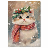 Persian cat Christmas Wall Art with Red Scarf and Holly Wreath for Winter Snow Festive Puppy Holiday Artwork on Flat Rolled, Framed or Wrapped Canvas
