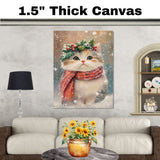 Persian cat Christmas Wall Art with Red Scarf and Holly Wreath for Winter Snow Festive Puppy Holiday Artwork on Flat Rolled, Framed or Wrapped Canvas