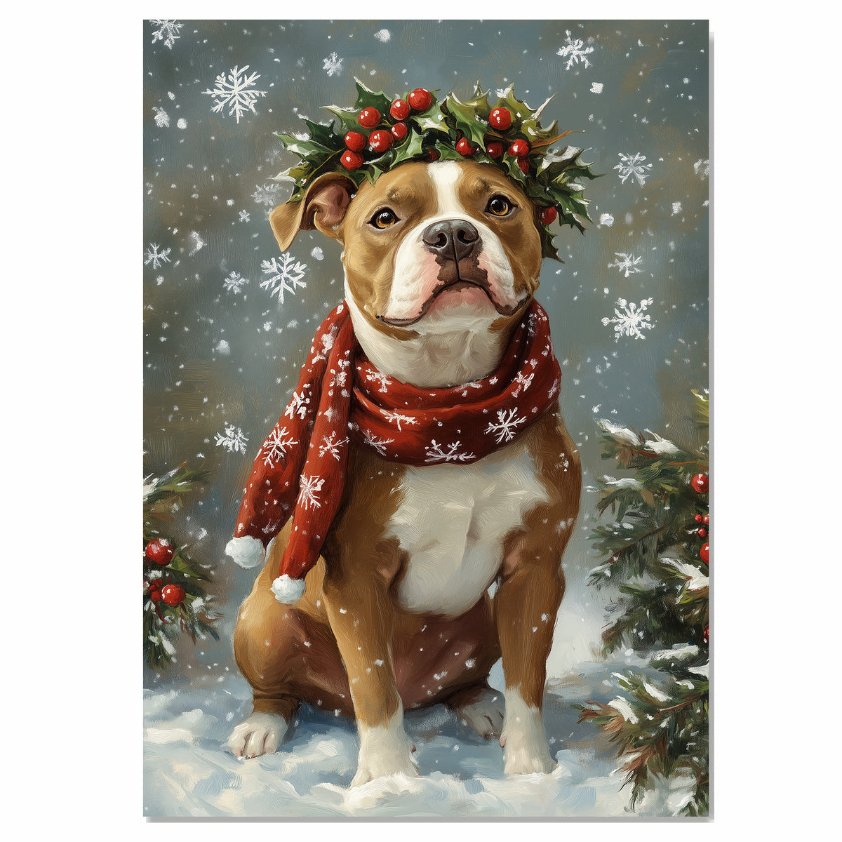 PitBull Christmas Dog Wall Art with Red Scarf and Holly Wreath for Winter Snow Festive Puppy Holiday Artwork on Flat Rolled, Framed or Wrapped Canvas