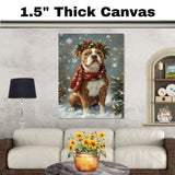 PitBull Christmas Dog Wall Art with Red Scarf and Holly Wreath for Winter Snow Festive Puppy Holiday Artwork on Flat Rolled, Framed or Wrapped Canvas