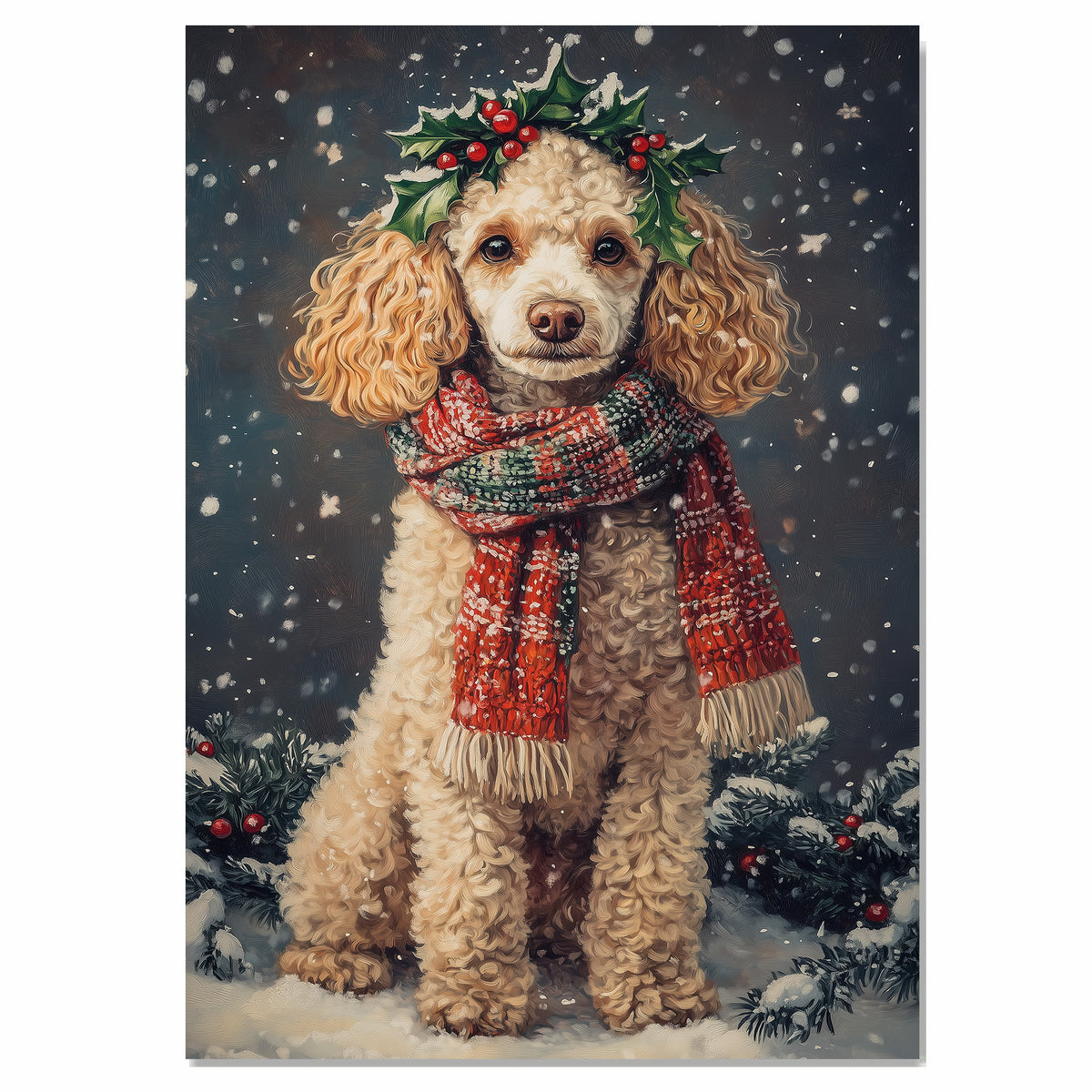 Poodle Christmas Dog Wall Art with Red Scarf and Holly Wreath for Winter Snow Festive Puppy Holiday Artwork on Flat Rolled, Framed or Wrapped Canvas