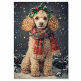 Poodle Christmas Dog Wall Art with Red Scarf and Holly Wreath for Winter Snow Festive Puppy Holiday Artwork on Flat Rolled, Framed or Wrapped Canvas