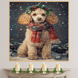 Poodle Christmas Dog Wall Art with Red Scarf and Holly Wreath for Winter Snow Festive Puppy Holiday Artwork on Flat Rolled, Framed or Wrapped Canvas