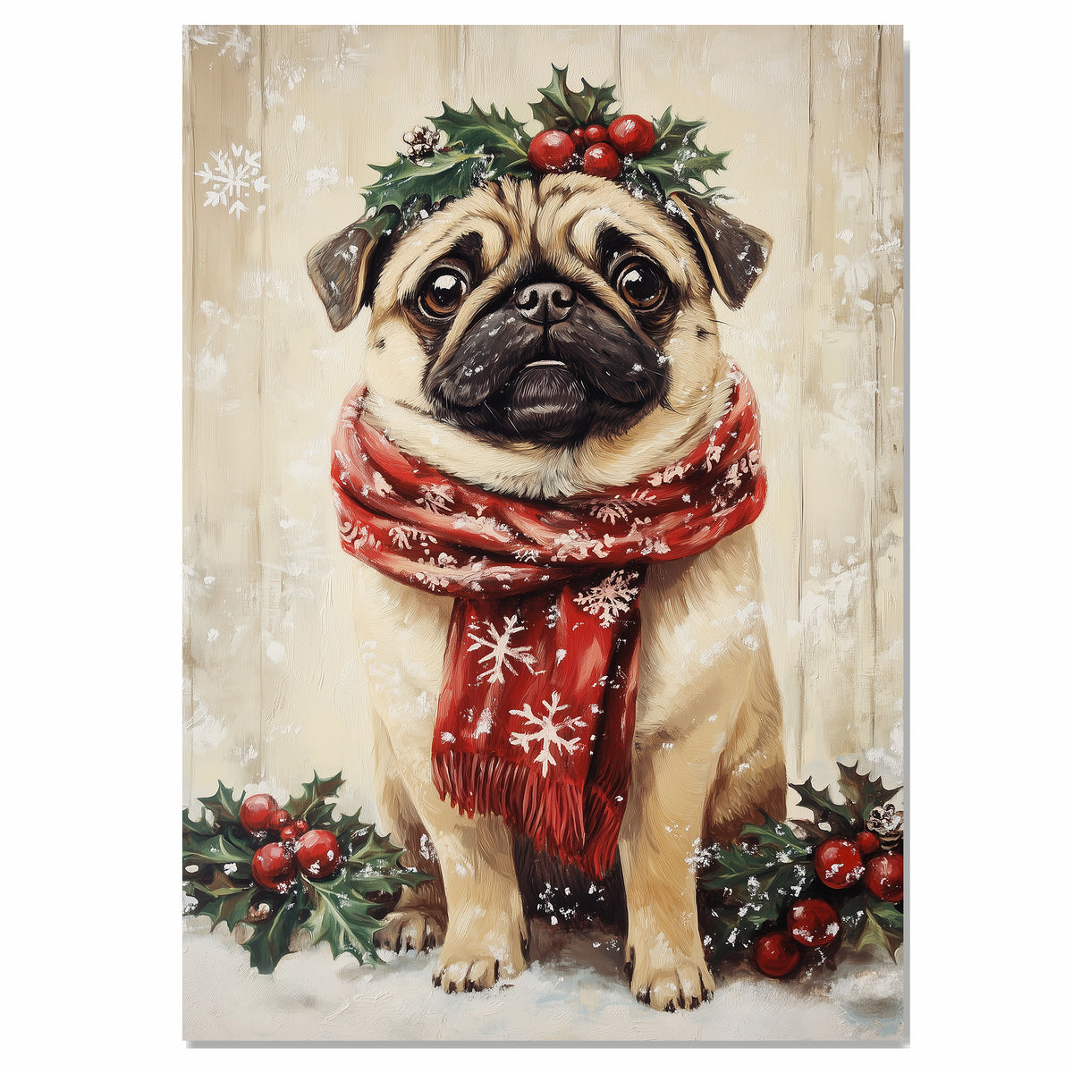 Pug Christmas Dog Wall Art with Red Scarf and Holly Wreath for Winter Snow Festive Puppy Holiday Artwork on Flat Rolled, Framed or Wrapped Canvas