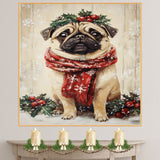 Pug Christmas Dog Wall Art with Red Scarf and Holly Wreath for Winter Snow Festive Puppy Holiday Artwork on Flat Rolled, Framed or Wrapped Canvas