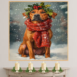 Rhodesian Ridgeback Christmas Dog Wall Art with Red Scarf and Holly Wreath for Winter Snow Festive Puppy Holiday Artwork on Flat Rolled, Framed or Wrapped Canvas