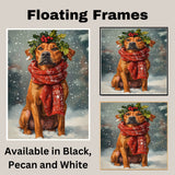 Rhodesian Ridgeback Christmas Dog Wall Art with Red Scarf and Holly Wreath for Winter Snow Festive Puppy Holiday Artwork on Flat Rolled, Framed or Wrapped Canvas