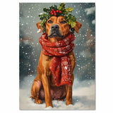 Rhodesian Ridgeback Christmas Dog Wall Art with Red Scarf and Holly Wreath for Winter Snow Festive Puppy Holiday Artwork on Flat Rolled, Framed or Wrapped Canvas