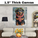 Rottweiler Christmas Dog Wall Art with Red Scarf and Holly Wreath for Winter Snow Festive Puppy Holiday Artwork on Flat Rolled, Framed or Wrapped Canvas