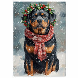 Rottweiler Christmas Dog Wall Art with Red Scarf and Holly Wreath for Winter Snow Festive Puppy Holiday Artwork on Flat Rolled, Framed or Wrapped Canvas