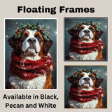 Saint Bernard Christmas Dog Wall Art with Red Scarf and Holly Wreath for Winter Snow Festive Puppy Holiday Artwork on Flat Rolled, Framed or Wrapped Canvas