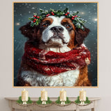Saint Bernard Christmas Dog Wall Art with Red Scarf and Holly Wreath for Winter Snow Festive Puppy Holiday Artwork on Flat Rolled, Framed or Wrapped Canvas