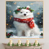 Samoyed Christmas Dog Wall Art with Red Scarf and Holly Wreath for Winter Snow Festive Puppy Holiday Artwork on Flat Rolled, Framed or Wrapped Canvas