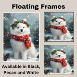 Samoyed Christmas Dog Wall Art with Red Scarf and Holly Wreath for Winter Snow Festive Puppy Holiday Artwork on Flat Rolled, Framed or Wrapped Canvas