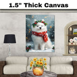 Samoyed Christmas Dog Wall Art with Red Scarf and Holly Wreath for Winter Snow Festive Puppy Holiday Artwork on Flat Rolled, Framed or Wrapped Canvas