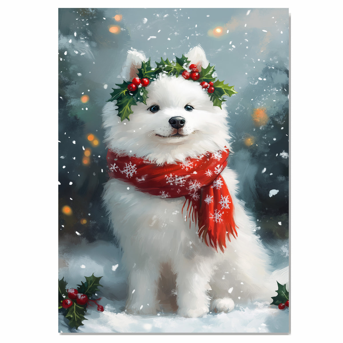 Samoyed Christmas Dog Wall Art with Red Scarf and Holly Wreath for Winter Snow Festive Puppy Holiday Artwork on Flat Rolled, Framed or Wrapped Canvas